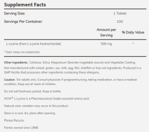 Now Foods NOW L Lysine 500 мг 100 Таблетки