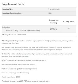 Now Foods NOW L Lysine 500 мг 100 Капсули