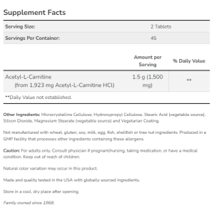 Now Foods NOW Acetyl L Carnitine 750 мг 90 Tablets