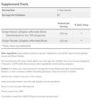Now Foods NOW Ginger 5% 250 мг Extract 90 Веган Капсули
