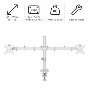 HAMA Стойка за 2 монитора за бюро, регулируема, 13" - 35", 12 кг, Бял