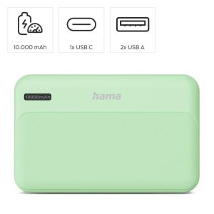 HAMA Външна батерия "Pocket 10", 10000 mAh, Изходи: 2x USB-A, зелена