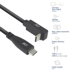 ACT Кабел USB-C - USB-C, 10Gbps, 60W, 0.5 м, конектори - 1x прав и 1x на 90° up/down angled