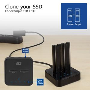 Двойна SSD докинг станция, ACT M.2 NVMe/PCIe за клониране, USB-C 3.2 Gen2, 10 Gbps
