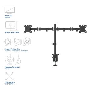 Стойка за 2 мониторa ACT AC8302, за бюро, Регулируема, 35", 2x8 кг, Черна