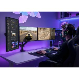 HAMA Стойка за 3 мониторa за бюро, 17"-32", газова пружина, напълно мобилна, черна