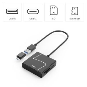 HAMA Четец за карти USB, USB-A, с USB-C адаптер, USB 3.2 Gen1, SD/micro-SD/CF/MS