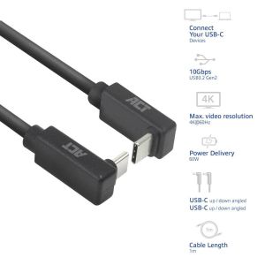 ACT Кабел USB-C 10Gbps, 60W, 0.5м, конектори на 90° up/down angled