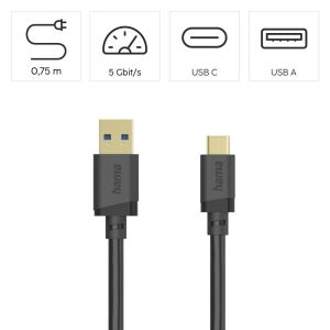 Кабел  USB-C - USB- А мъжко,USB 3.2 Gen 1, 0.75м, 5Gbit/s