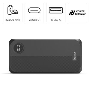 HAMA Външна батерия 20000 mAh, 3 изхода: 2 x USB-C, 1 x USB-A, черна