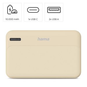 HAMA Външна батерия "Pocket 10", 10000 mAh, Изходи: 2x USB-A, бежов