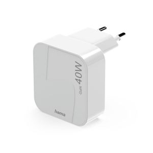 HAMA Бързо мини зарядно GaN, 2 x USB-C, PD, 40 W, сгъващ се адаптер, бял
