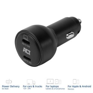 ACT Бързо зарядно за кола 95W 2x USB-C, PD, GAN, 12-24V