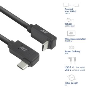 ACT Кабел USB-C - USB-C, 10Gbps, 60W, 1 m, конектори 90° left/right, up/down angled