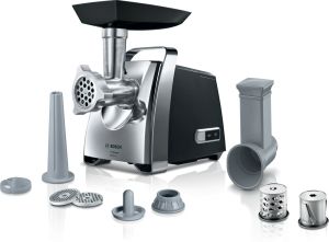 Месомелачка Bosch MFW67440, Meat mincer, ProPower 2000W, 3,5 kg/min, nr. 8, 3 sieves, kebbe attachment, shredder with 2 drums, reverse function