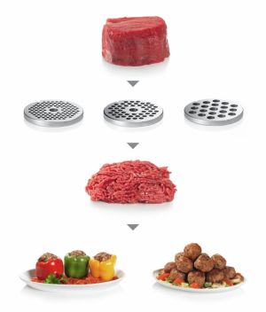 Месомелачка Bosch MFW67440, Meat mincer, ProPower 2000W, 3,5 kg/min, nr. 8, 3 sieves, kebbe attachment, shredder with 2 drums, reverse function