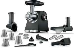Месомелачка Bosch MFWS660B, SER6, Meat mincer - MultiPower 2100 W, Planetary gearbox, 3,5 kg/min, kebbe attachment, sausage attachment, fruit press attachment, shredding attachment, reverse function, Black