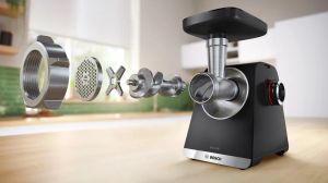 Месомелачка Bosch MFWS660B, SER6, Meat mincer - MultiPower 2100 W, Planetary gearbox, 3,5 kg/min, kebbe attachment, sausage attachment, fruit press attachment, shredding attachment, reverse function, Black