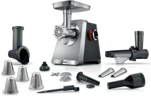 Месомелачка Bosch MFWS860M, SER8, Meat mincer, Blocking power: 2500W, 4,5 kg/min, 10-year motor, dishwasher safe, tomato press, 4 grating discs, kebbe att., sausage att., silver black
