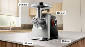 Месомелачка Bosch MFWS860M, SER8, Meat mincer, Blocking power: 2500W, 4,5 kg/min, 10-year motor, dishwasher safe, tomato press, 4 grating discs, kebbe att., sausage att., silver black