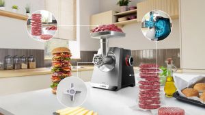 Месомелачка Bosch MFWS860M, SER8, Meat mincer, Blocking power: 2500W, 4,5 kg/min, 10-year motor, dishwasher safe, tomato press, 4 grating discs, kebbe att., sausage att., silver black