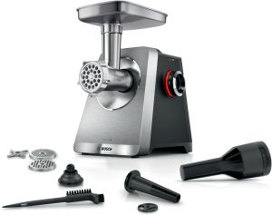 Месомелачка Bosch MFWS820M, SER8, Meat mincer, Blocking power: 2500W, 4,5 kg/min, 10-year motor, dishwasher safe, kebbe att., sausage att., silver black