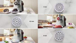 Месомелачка Bosch MFWS820M, SER8, Meat mincer, Blocking power: 2500W, 4,5 kg/min, 10-year motor, dishwasher safe, kebbe att., sausage att., silver black