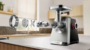 Месомелачка Bosch MFWS820M, SER8, Meat mincer, Blocking power: 2500W, 4,5 kg/min, 10-year motor, dishwasher safe, kebbe att., sausage att., silver black