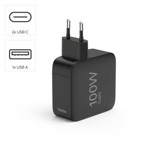 HAMA Бързо зарядно GaN, 2x USB-C, 1x USB-A, PD, 100 W, черно