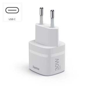 HAMA Зарядно устройство, 30 W, GaN, USB-C, PD/Qualcomm®, Zero Standby, бяло
