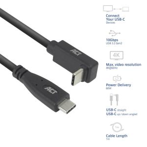 ACT Кабел USB-C - USB-C, 10Gbps, 60W, 1 м, конектори - 1 x прав и 1 x на 90° up/down angled
