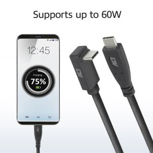 ACT Кабел USB-C - USB-C, 10Gbps, 60W, 1 м, конектори - 1 x прав и 1 x на 90° up/down angled