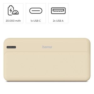 HAMA Външна батерия "Pocket 20", 20000 mAh, Изходи: 2x USB-A, бежов