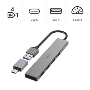 HAMA USB хъб, 4 порта, USB 3.2 Gen 1, 5 Gbit/s, ултратънък, вкл. USB-C адаптер