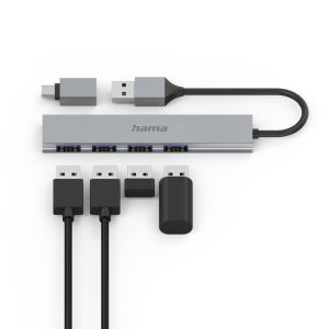 HAMA USB хъб, 4 порта, USB 3.2 Gen 1, 5 Gbit/s, ултратънък, вкл. USB-C адаптер