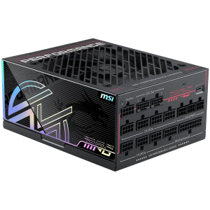 MSI MPG Ai1600TS PCIE5 Power Supply 1600W, 80 PLUS Titanium, Dual PCIe 5.1 Cables, ATX 3.1, Software Sync, 135mm Fan, Fan Stop, OVP/OCP/OTP/OPP/SCP/UVP/SIP/NLO, Braided Cables, Dimensions: 190mmx150mmx86mm, 12Y Warranty