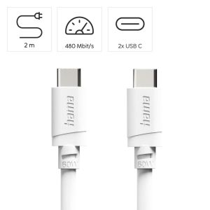 HAMA Кабел USB-C - USB-C, 60W, 2 м, бял