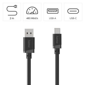 HAMA Кабел USB-A - USB-C, 2 м, черен