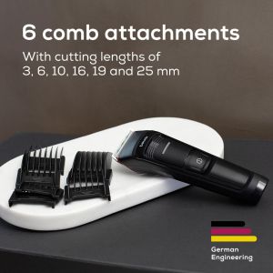 Машинка за подстригване Beurer MN5X hair clipper, 7 Attachments, 6 adjustable cutting lengths and 4-stage fine adjustment, LED display with battery display, Battery and mains operation, travel lock display and charge display, storage bag