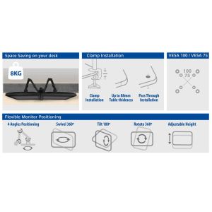 Стойка за 2 мониторa ACT AC8302, за бюро, Регулируема, 35", 2x8 кг, Черна