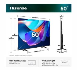 Телевизор Hisense 50" A6S, 4K Ultra HD 3840x2160, DLED, DFA, Precision Colour, HDR 10+, HLG, Dolby Vision,Light sensor, Smart TV, WiFi, BT, AnyView Cast, Gaming Mode, 1xHDMI2 eArc, 3xHDMI, 2xUSB, LAN, CI+, DVB-T2/C/S2, Black