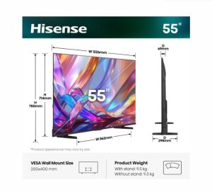 Телевизор Hisense 55" E7S, 4K Ultra HD 3840x2160, QLED, Quantum Dot, HDR 10+, HLG, Dolby Vision, DTS Virtual X, Smart TV, WiFi, Light Sensor, BT, Anyview Cast, 3xHDMI, 2xUSB, LAN, CI+, DVB-T2/C/S2, Black