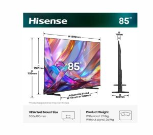 Телевизор Hisense 85" E7S, 4K Ultra HD 3840x2160, Quantum Dot, 60Hz, Light Sensor,IPS, HDR 10+, HLG, Dolby Vision IQ, Dolby Atmos, Smart TV, WiFi 5GHz, WiFi Direct, BT, Anyview Cast, 3xHDMI, 2xUSB, LAN, CI+, DVB-T2/C/S2, Black