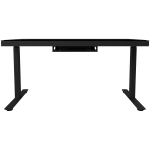 Dual-motor sit/stand adjustable-height gaming desk with wireless charger, RGB lighting, control panel, and USB ports, solid tempered glass tabletop, black.