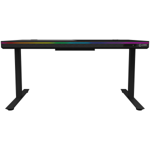 Dual-motor sit/stand adjustable-height gaming desk with wireless charger, RGB lighting, control panel, and USB ports, solid tempered glass tabletop, black.