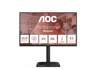 Монитор AOC 24E4U, 23.8" IPS WLED, 1920x1080@120Hz, 4ms GtG, 300cd m/2, 1500:1, 20M:1 DCR, Adaptive Sync, FlickerFree, Anti Blue Light, 2Wx2, Tilt, Height Adjust, Pivot, Swivel, D-SUB, HDMI, USB Hub