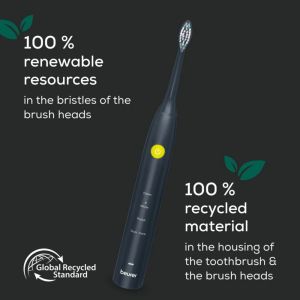 Електрическа четка за зъби Beurer SC 30 Jet Black, Electric Sonic Toothbrush, up to 80,000 mov/min, 4 cleaning programs: Clean, White, Polish, Gum Care, Int. 2-min. timer, Incl. 2 toothbrush heads and USB-C charging cable, 15 days of battery life
