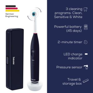 Електрическа четка за зъби Beurer TB 50 Electric toothbrush; Integr. pressure sensor; 3 cleaning programs; 45 days Battery life; 2-min timer; Oscillating, pulsating, brushing technology; Incl. charger, USB cable with adapter, storage box & CBH; black