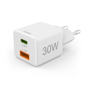 HAMA Бързо мини зарядно, 30 W, 1x USB-C, 1x USB-A, PD, бял