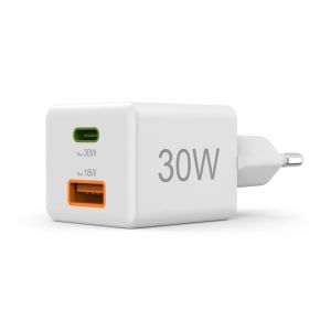 HAMA Бързо мини зарядно, 30 W, 1x USB-C, 1x USB-A, PD, бял